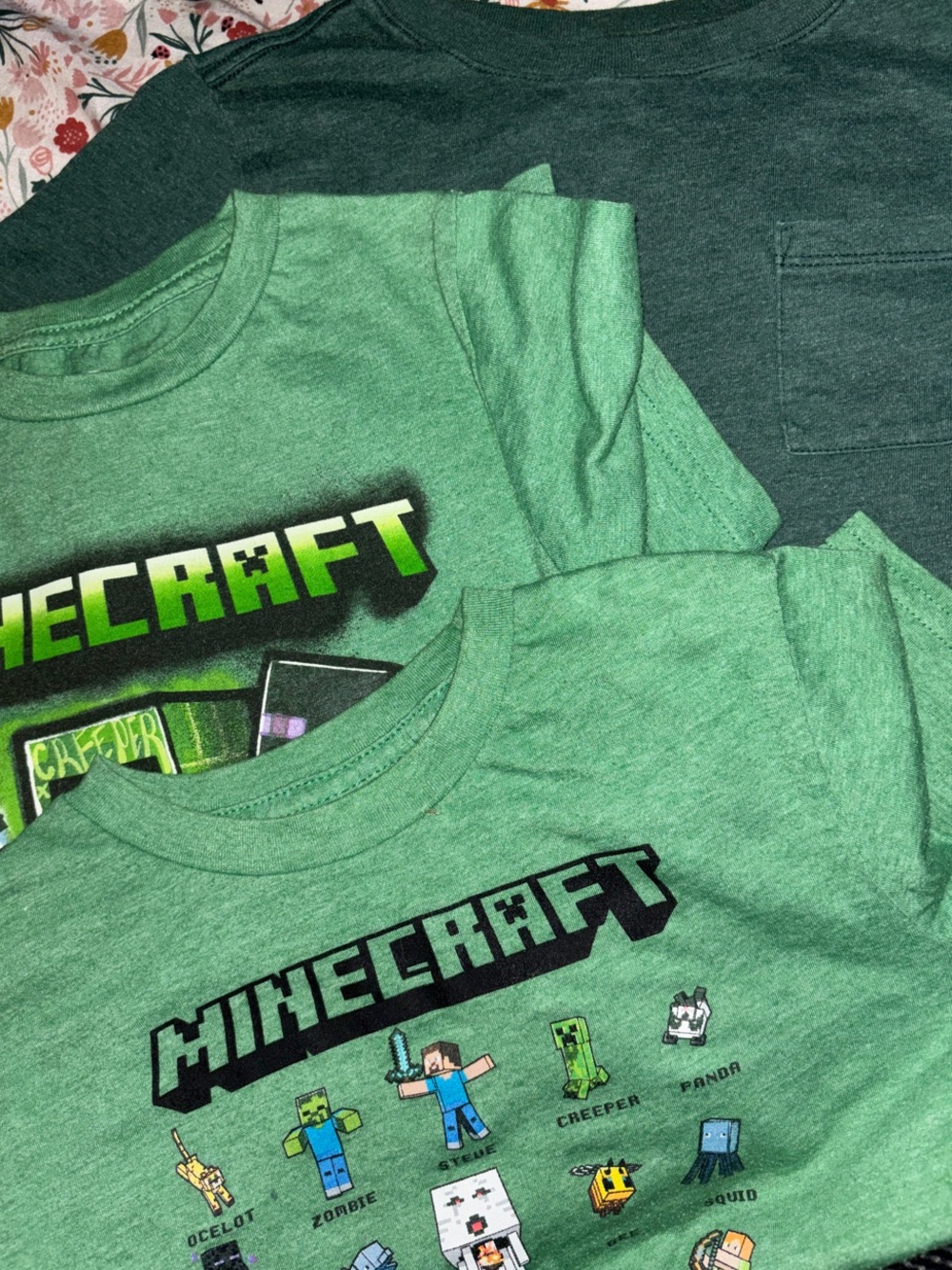 2 Minecraft Boys' Green Graphic shirts and one plain green with chest pocket